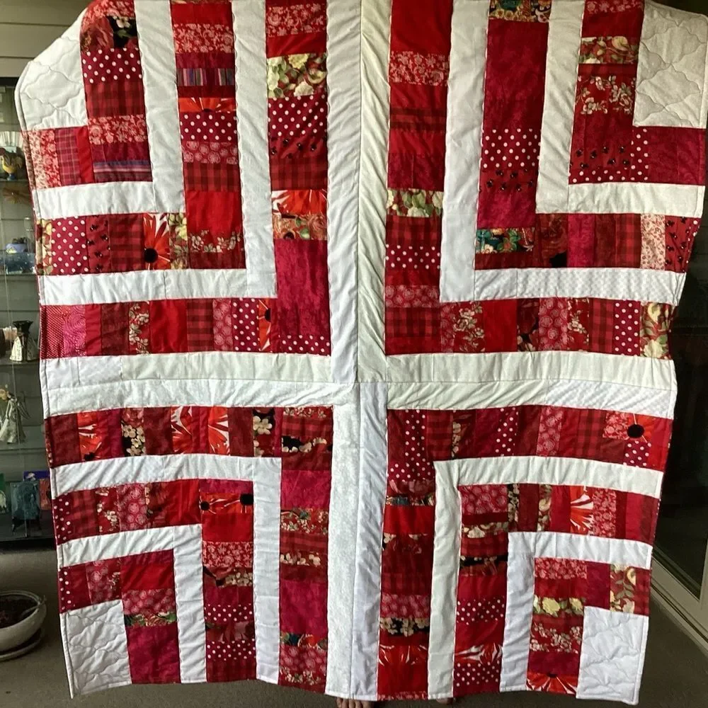 NWT. Hand Crafted “Strawberry Fields” Red and White Patchwork Quilt